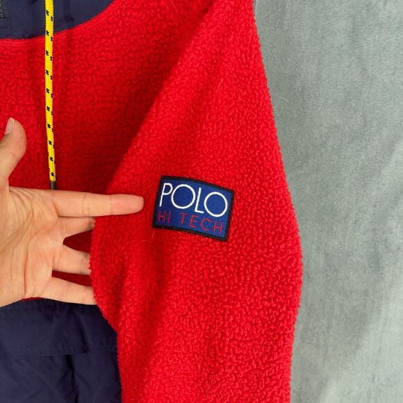 VTG Polo Ralph Lauren Hoodie Mens Small Red HI Tech Hybrid Fleece Drawstring - Picture 4 of 13